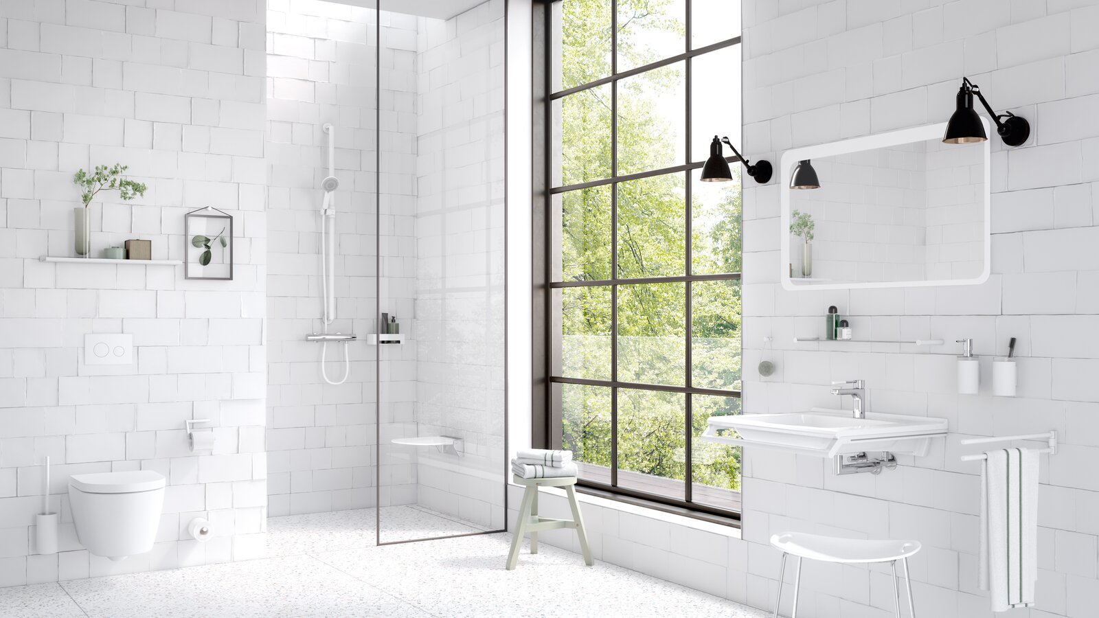 HEWI Series 162 white matt Bathroom, equipped with sanitary accessories such as towel rail, soap dispenser, toilet paper holder in matt white