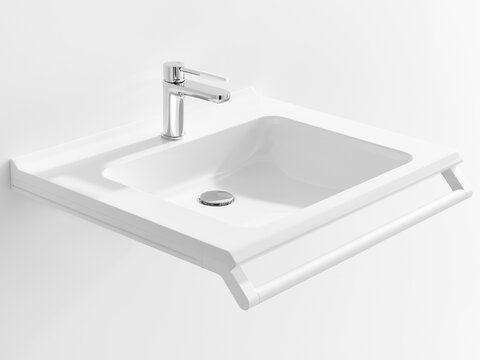 Lavabo accessible avec poignée de couleur blanc mat en acier inoxydable et robinetterie à levier unique chromée avec élément de poignée blanc en polyamide
